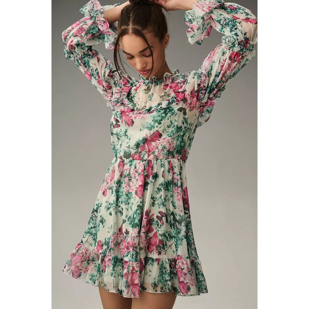 Mac Duggal Long-Sleeve Ruffled Mini Dress US 2 $298